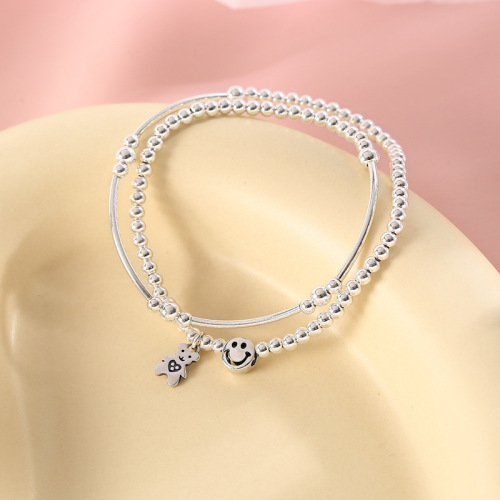 925 Silver Accessories Cute Smiley Cartoon Bear Pendant Bracelet Girl Summer Fresh Double-Layer Beaded Bracelet