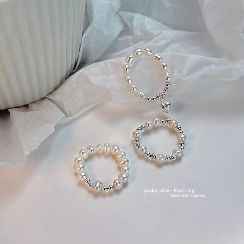 S925 Silver Freshwater Pearl Silver Bead Ring Ins Cool Style Simple Personality Light Luxury Niche Design Advanced Sense