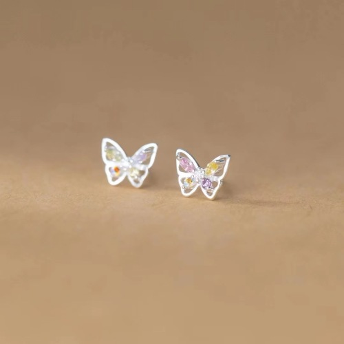 Ornament S925 Silver Colorful Crystals Butterfly Studs Japan and South Korea Summer Cool Screw Tightening Buckle Sweet Earrings Sleeping No Need to Take off