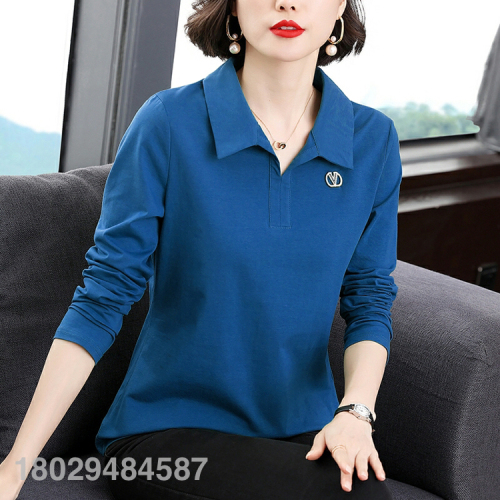 Lapel Mother‘s Cotton Long-Sleeved Autumn Clothes 2023 Autumn New Loose Large Size Belly Covering Lapel Polo Shirt T-shirt Base