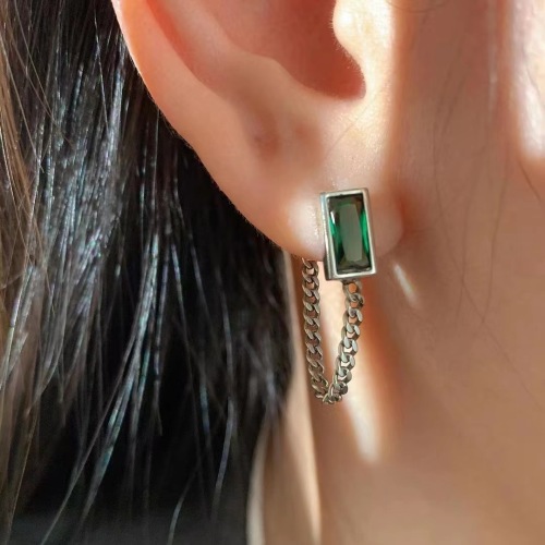 Ornament S925 Silver Geometric Square Green Zircon Chain Earrings Women‘s Light Luxury High-Grade Niche Temperament Personalized Style