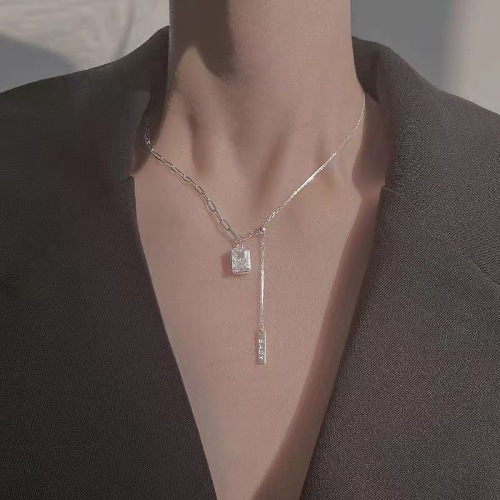 s925 silver zircon tag necklace simple and light luxury special-interest design advanced clavicle chain new year adjustable