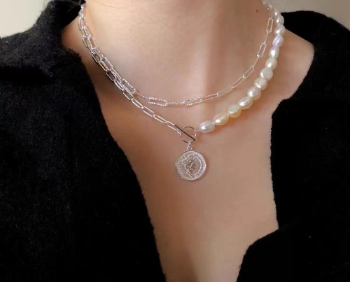 Ornament S925 Silver Colorfast Baroque Irregular Pearl Female Ace Silver Coin OT Buckle Necklace