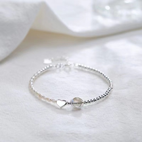 Ornament S925 Silver Freshwater Pearl Moonstone Heart Bracelet Handmade Design Small Rice Bead Bracelet