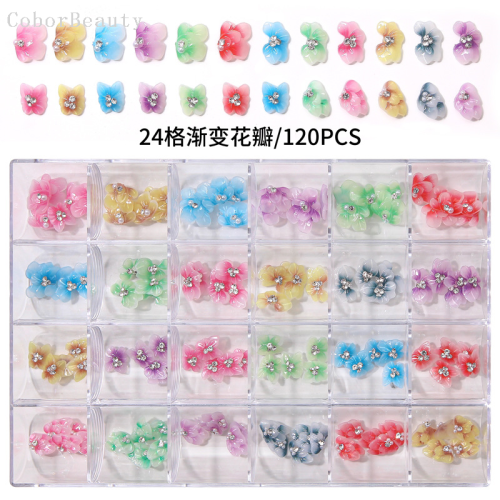 New 24-Grid Boxed Gradient Petals Diamond-Embedded Japanese Mixed Resin Three-Dimensional Nail Manicure Decoration