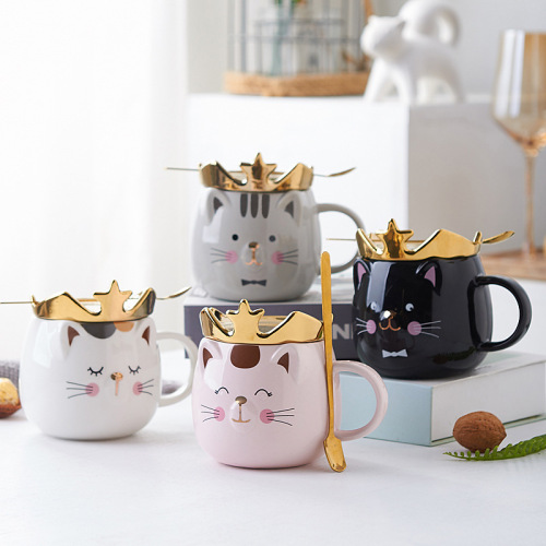 household ceramic high temperature resistant mug crown cute cat with lid and spoon couple water cup