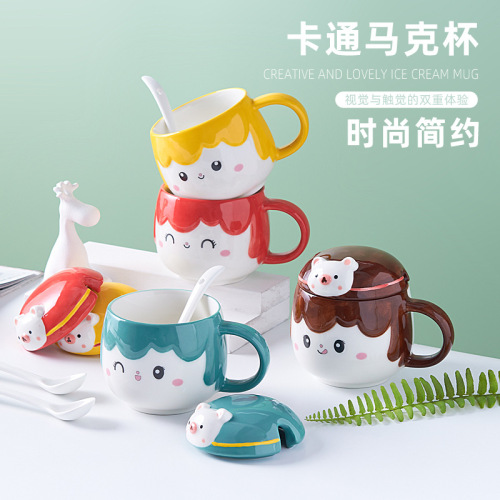 cartoon super cute smiling face cute ceramic water cup couple creative large capacity mug with lid and spoon coffee cup