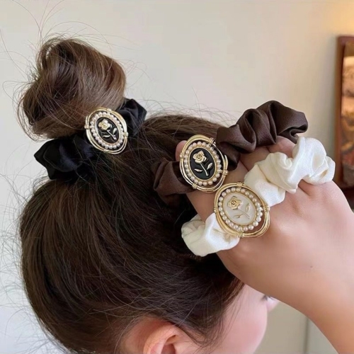 ball hair ring rose hair rope french retro satin pearl ponytail simple temperament all-match hair rope hair generation