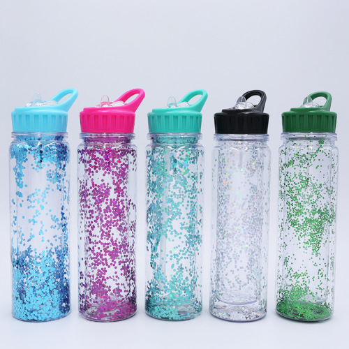 factory direct new plastic water cup with sequins transparent double-layer straw space cup portable straight cup