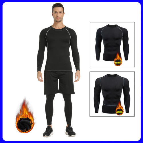 autumn and winter men‘s tight warm sports training clothes workout clothes men‘s fleece-lined t-shirt bottoming high elastic sports suit