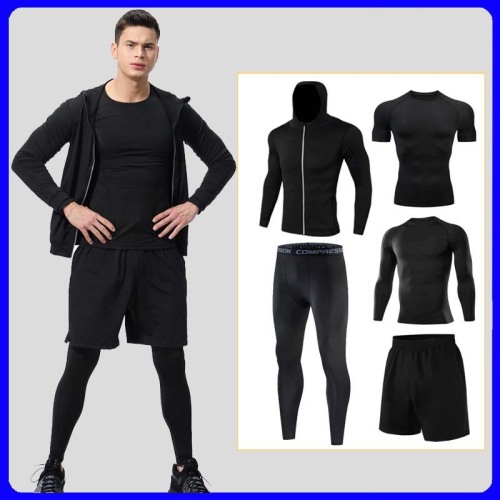 Gym Exercise Running Outfit Men‘s Breathable Quick-Drying Workout Clothes Night Running Five-Piece Suit Tight-Fitting Long-Sleeved Training Clothes