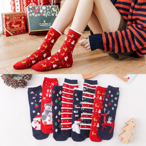 Autumn and Winter New Christmas Stockings Cartoon Elk Red Women‘s Socks Gift Box Tube Socks Socks Factory Delivery