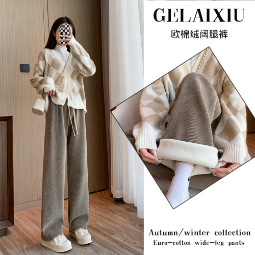 European Cotton Velvet wide Leg Pants Autumn and Winter New Women‘s Pocket Loose Drawstring All-Match Straight Casual Pants Draping High Waist Slimming 