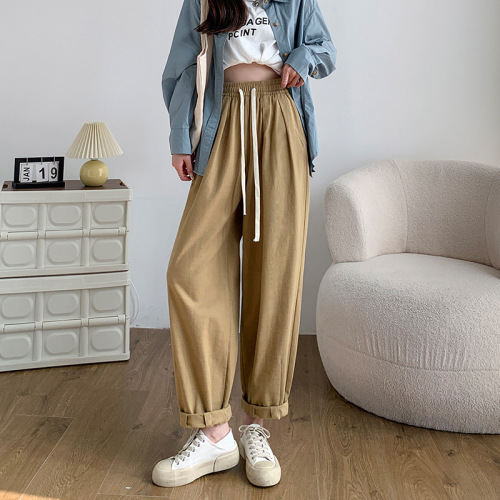 High Waist Slimming Khaki Overalls Thin Enzyme Washed Cotton Japanese Loose Women‘s Summer Straight Radish Pants Casual Wide Leg Pants