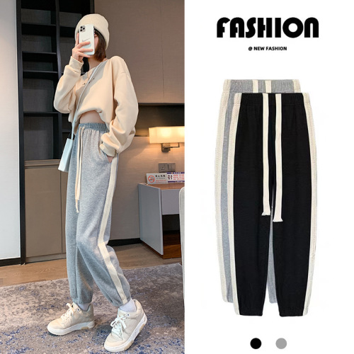 plus Velvet Thickening ankle-Tied Sweatpants Women‘s Side Lace Loose Mink Velvet Autumn and Winter Harem Drawstring Walking Casual Sports Pants
