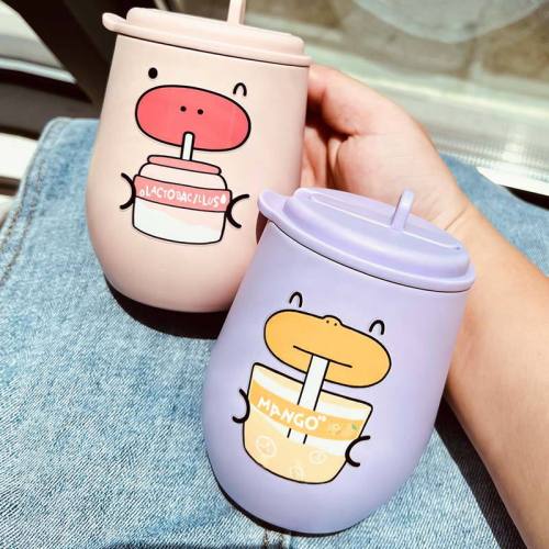 Good-looking Desktop Straw Thermal Insulation Cup Cute and Adorable Children‘s Stainless Steel Cup Student Girly Heart Water Cup Eggcup