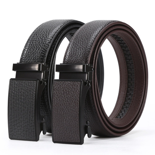 new business all-match automatic buckle belt men‘s wholesale young and middle-aged fashion high-end lychee pattern veneer pants belt