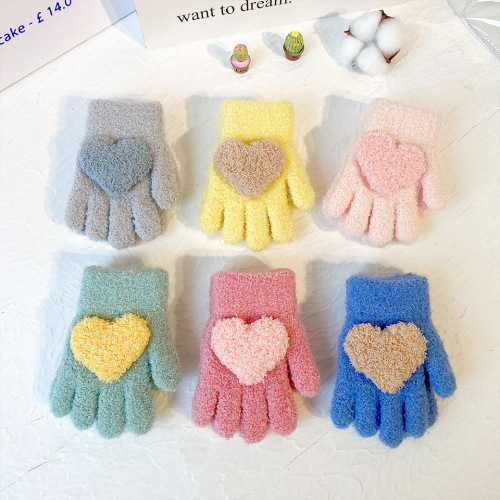 pure color love children‘s gloves winter warm cold-proof full finger thickened cute male and female infant baby five fingers