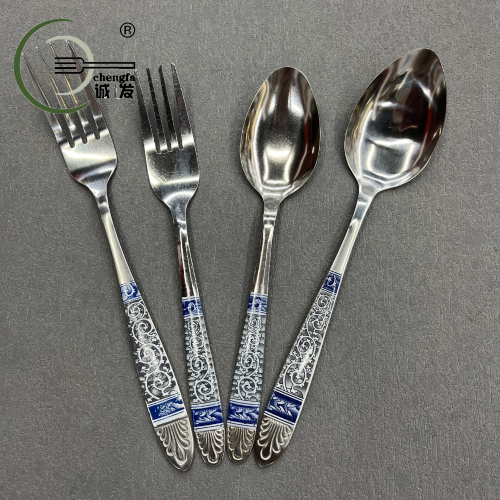 [Chengfa Tableware] Printed Fork Spoon Stainless Steel Canteen Restaurant Spork Printed Long Handle Fork Spoon