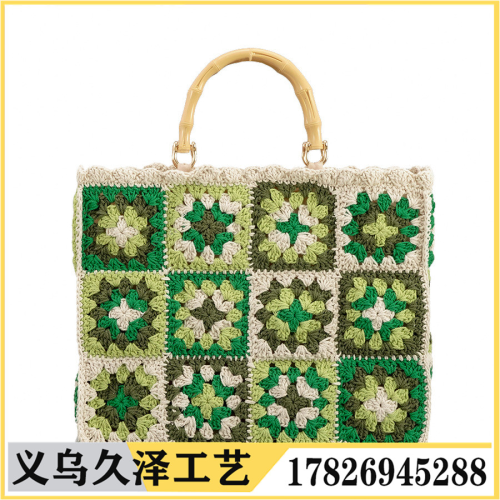european and american popular bamboo handbag contrast color grandmother plaid woven bag ethnic style cotton thread crocheted shoulder messenger bag