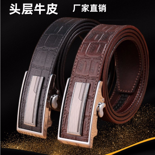 belt Top Layer Cowhide Belt Vegetable Tanned Leather Pant Belt 3.5 Wide Crocodile Pattern Automatic Buckle Belt Wholesale