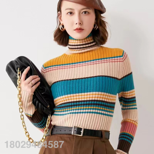Color Stripes Pile Collar Bottoming Shirt Women‘s Slim Fit Slimming Autumn and Winter New Korean Style Long Sleeve Sweater Turtleneck Sweater