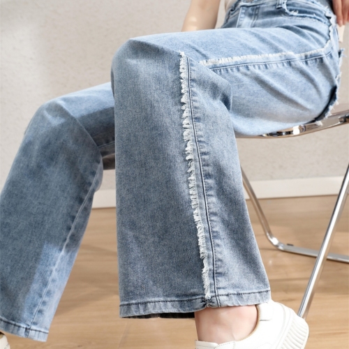 spring new jeans frayed straight wide leg pants mopping pants guangzhou popular vintage blue