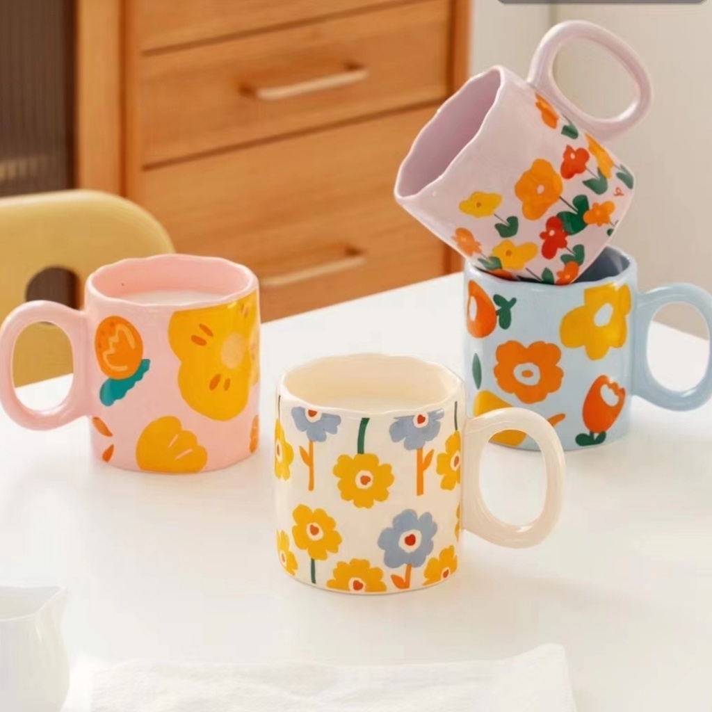 Hand drawn ceramic cup flower mug color glaze Milk Cup INS style coffee cup cute breakfast cup.