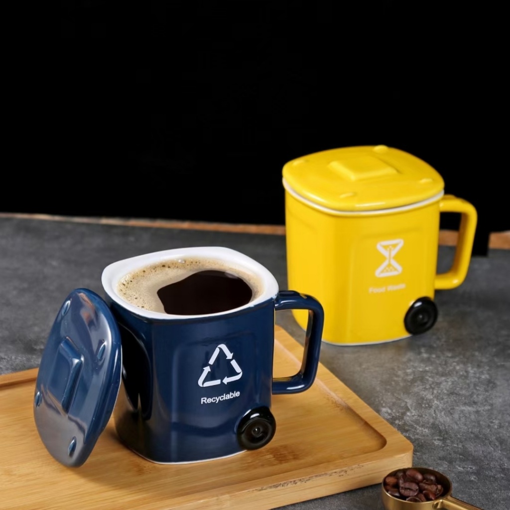 Trash can ceramic cup innovative mug shape water cup color glaze coffee cup with lid breakfast cup.