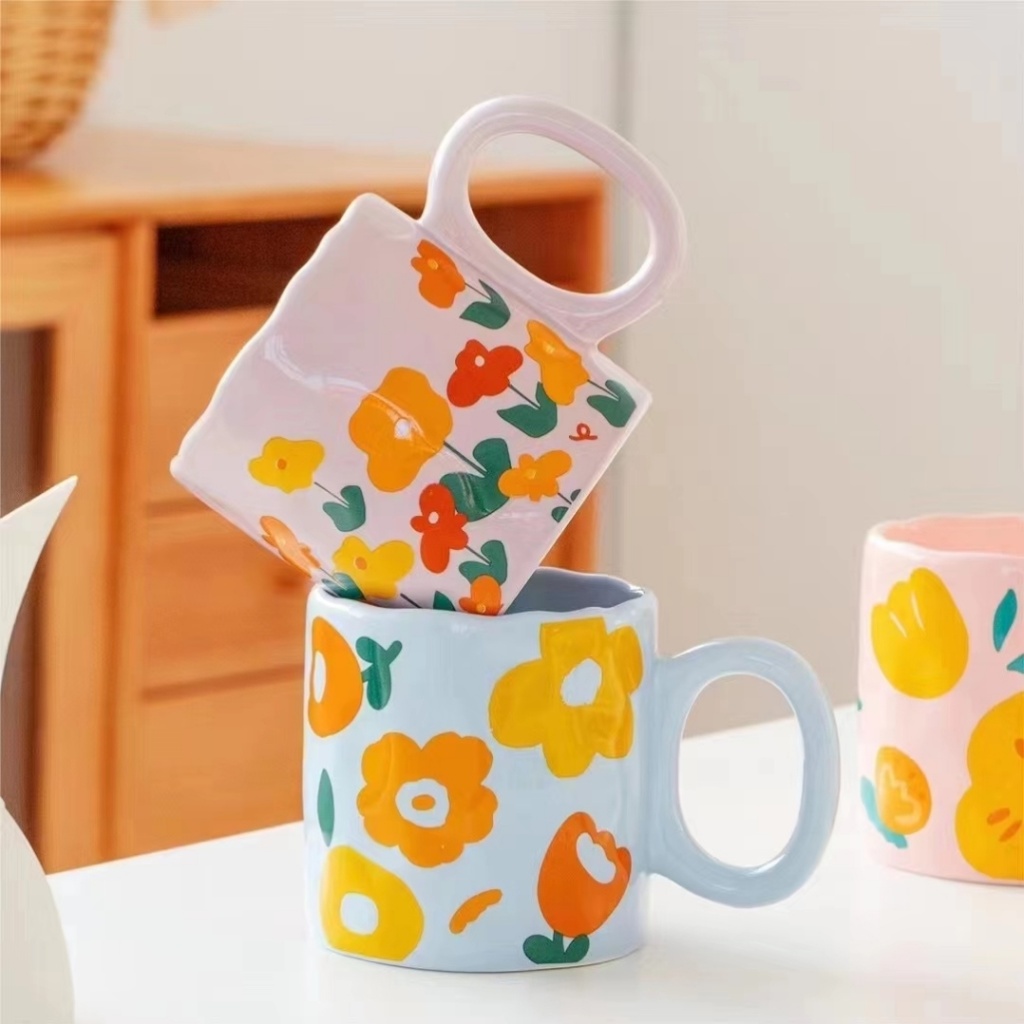 Hand drawn ceramic cup flower mug color glaze Milk Cup INS style coffee cup cute breakfast cup.