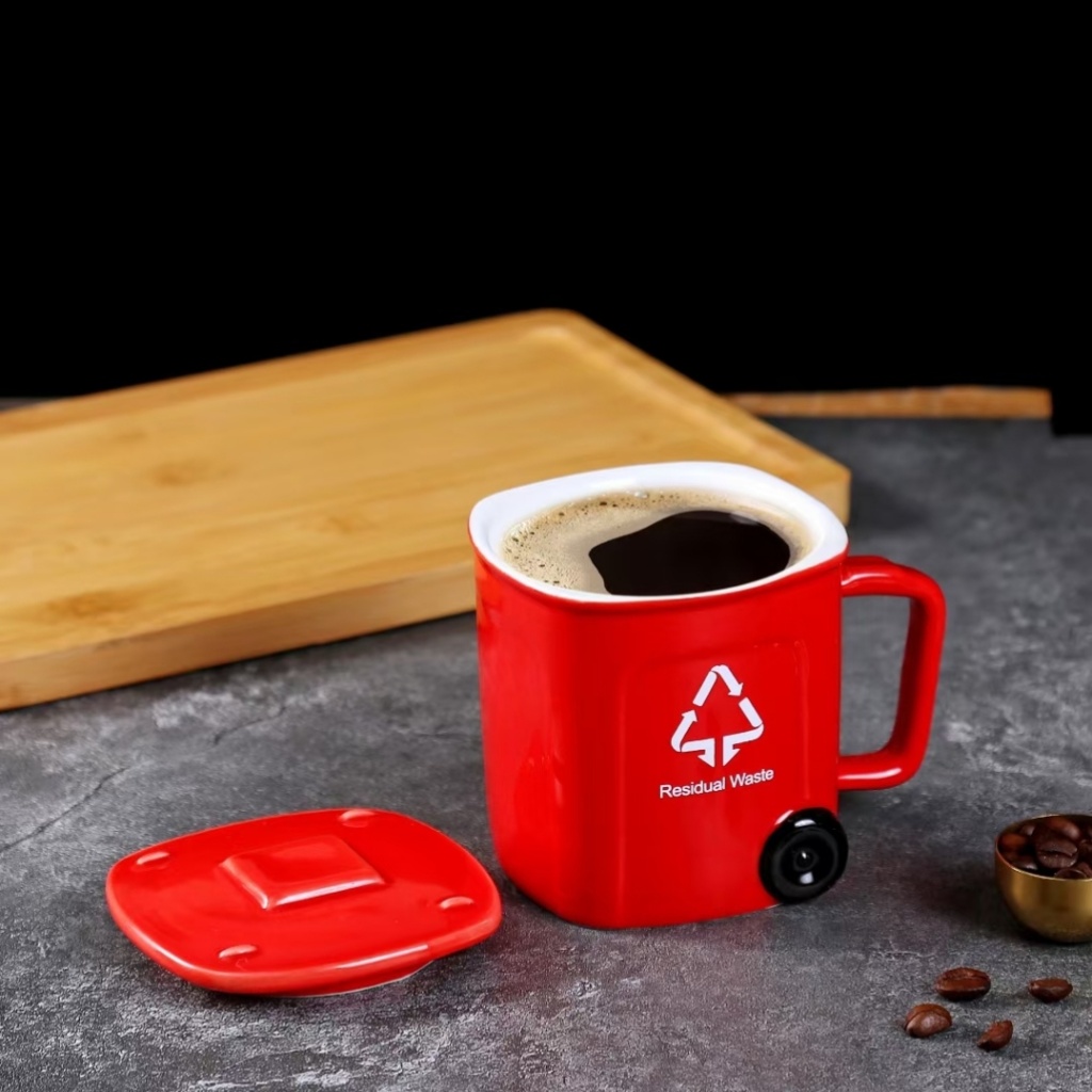 Trash can ceramic cup innovative mug shape water cup color glaze coffee cup with lid breakfast cup.